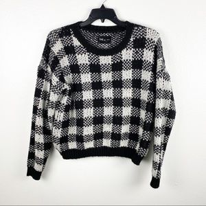 THE WAY Black White Checkered Cropped Knit Long Sleeves Sweater, Size OS